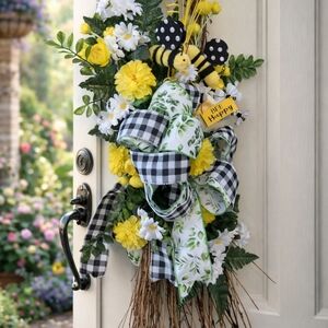 Bee-Themed Yellow and White Floral Door Wreath